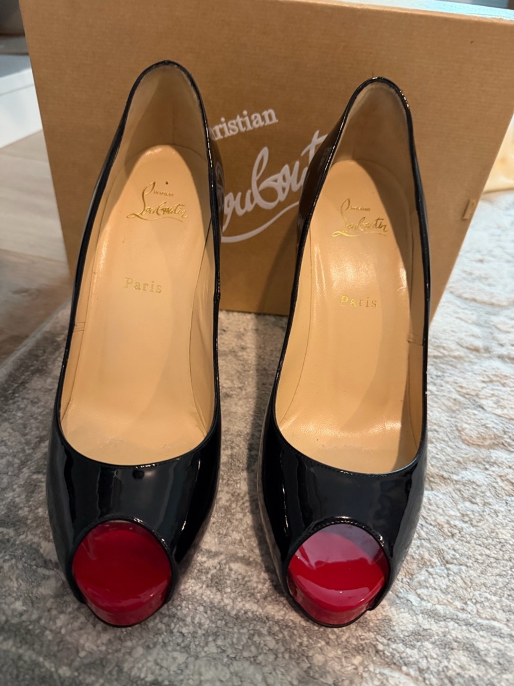 Christian Louboutin Black Patent Peep-Toe Pumps with Red Toe